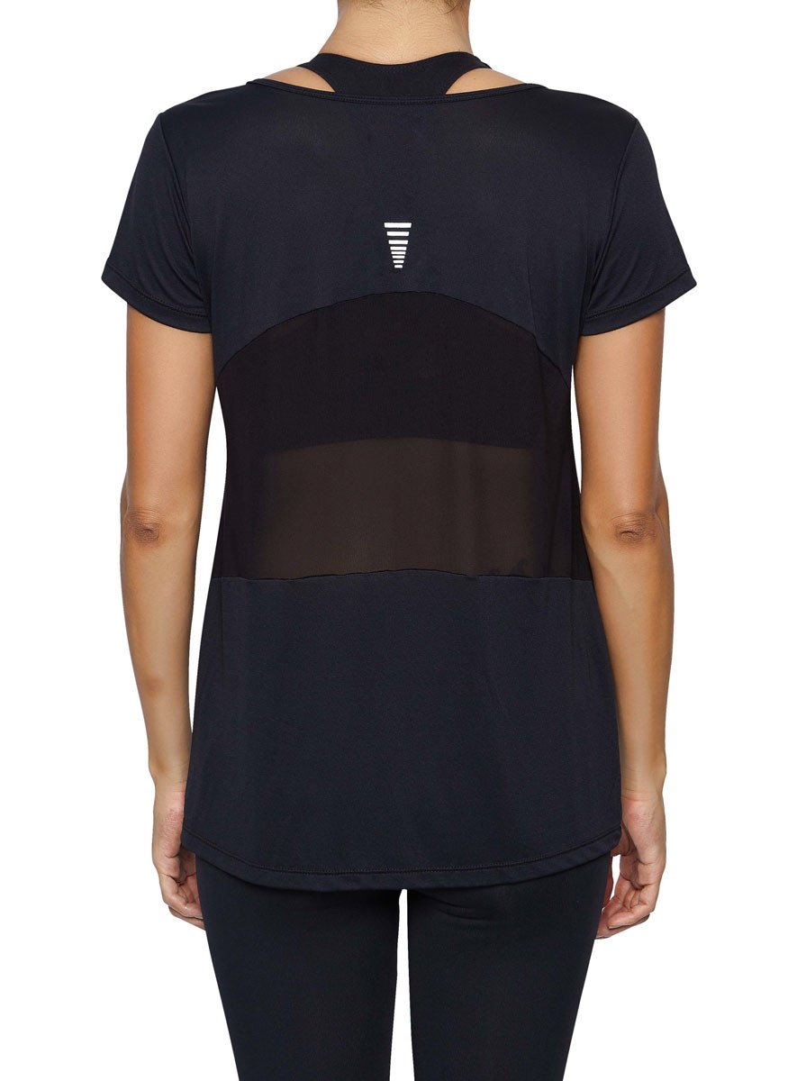 Front view product image with model for Brasilfit activewear Mesh T-shirt  in black.  The Mesh T-shirt is part of our basics activewear collection that is focused on performance, high compression activewear.
