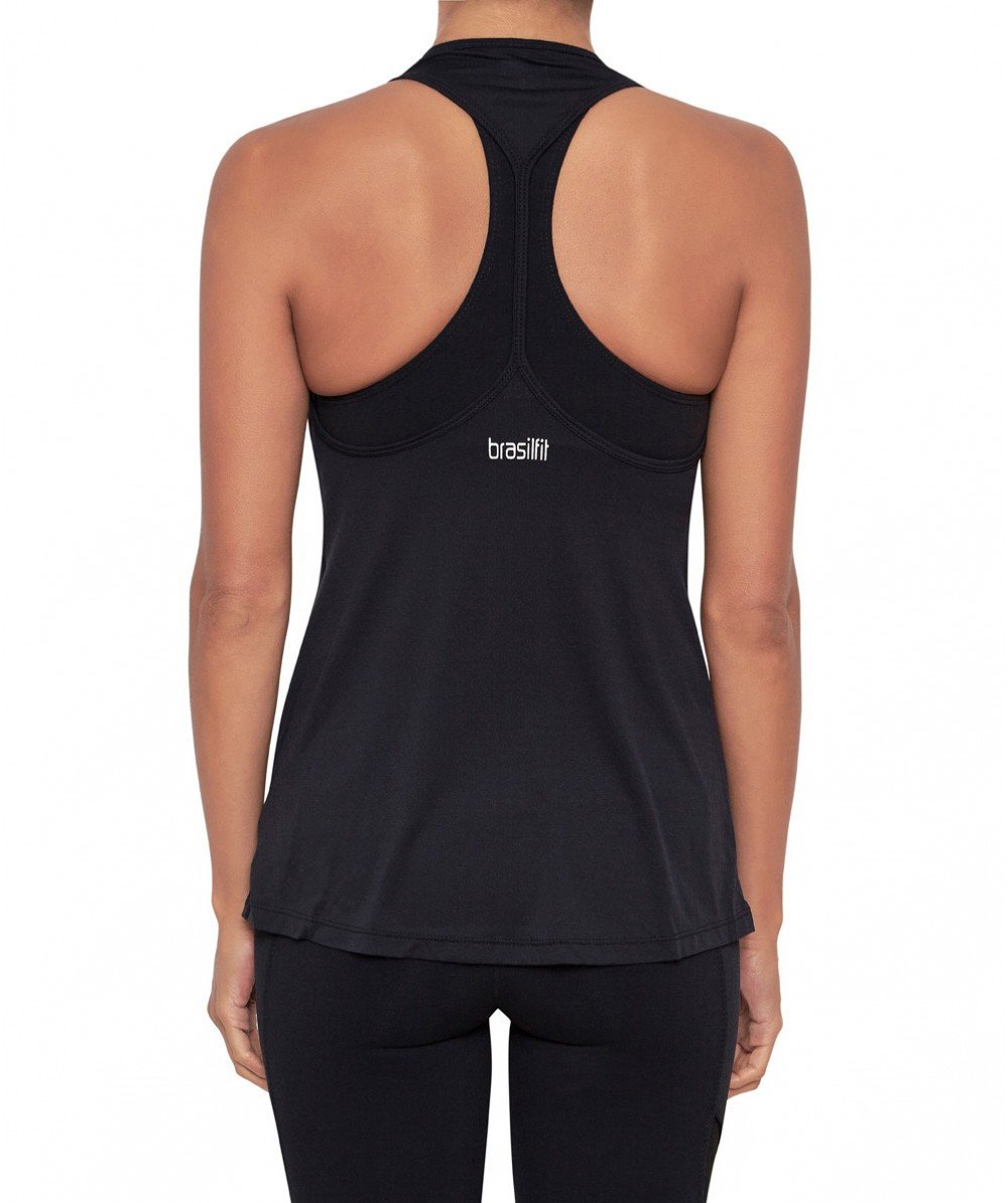 Front view product image with model for Brasilfit activewear W workout singlet in black.  The W workout singlet is part of our activewear collection that is focused on performance, high compression activewear.