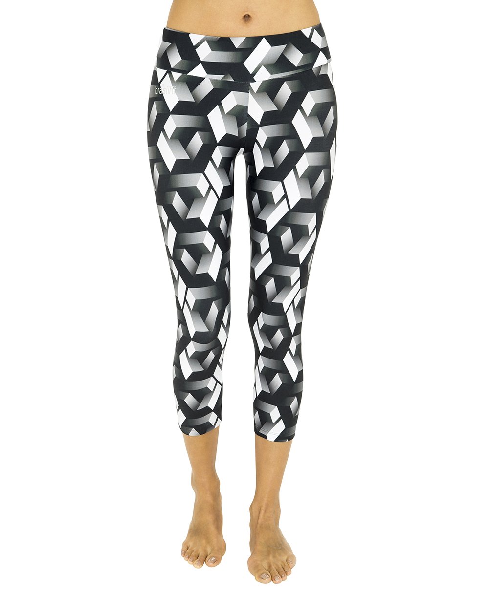 Side view product image for Brasilfit Labyrinth calf length activewear leggings.  Labyrinth leggings are part of our premium printed activewear collection that is focused on performance, high compression activewear with colourful prints.
