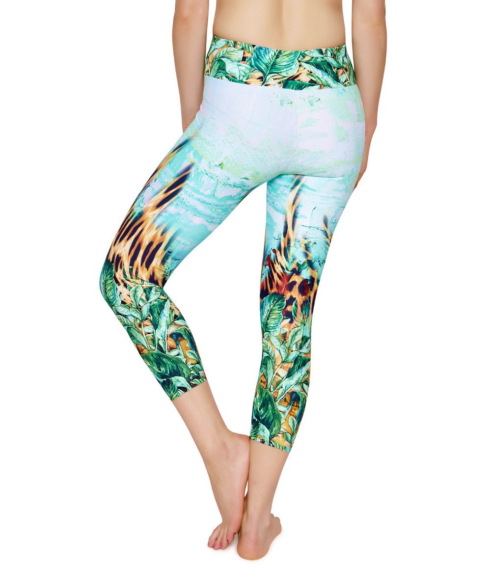 Side view product image for Brasilfit Paradise calf length activewear leggings.  Paradise leggings are part of our premium printed activewear collection that is focused on performance, high compression activewear with colourful prints.