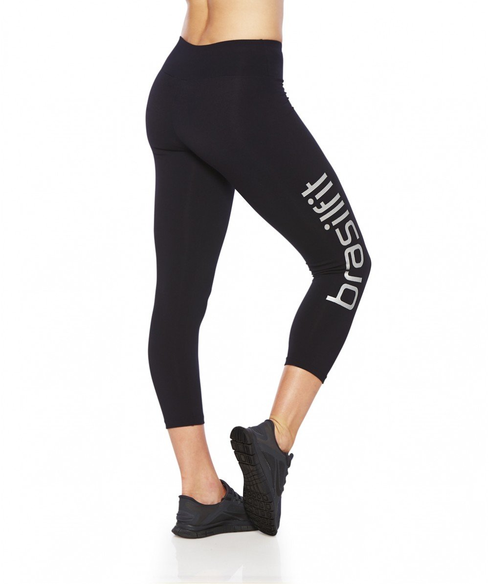 Side view product image for Brasilfit Calore calf length activewear leggings with Silver Brasilfit logo on leg.  Calore leggings are part of our essentials and basics activewear collection that is focused on high compression, performance activewear.