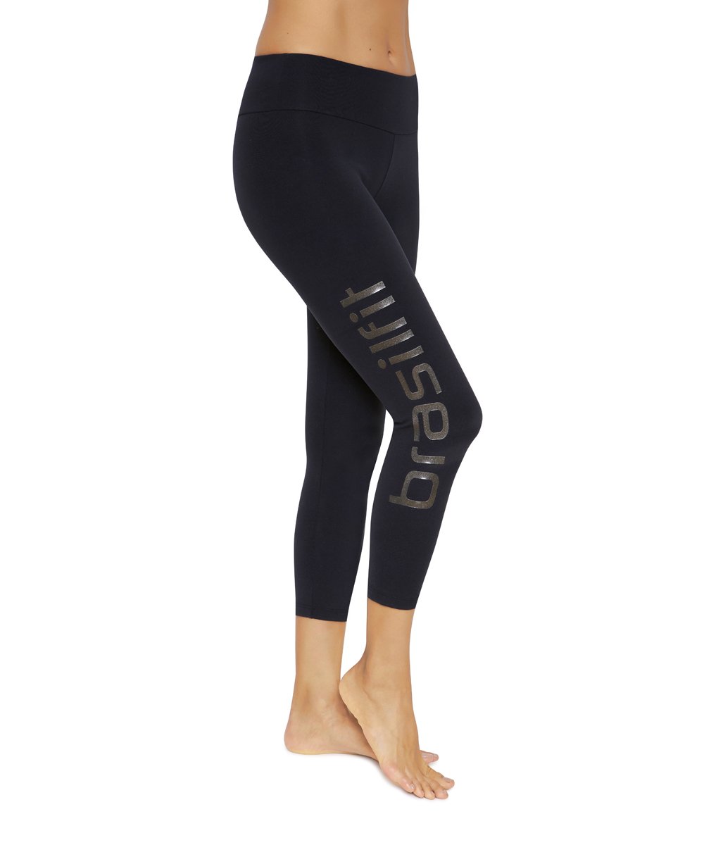Product image for Brasilfit Calore calf length activewear leggings with Black Brasilfit logo on leg.  Calore leggings are part of our essentials and basics activewear collection that is focused on performance, high compression activewear.