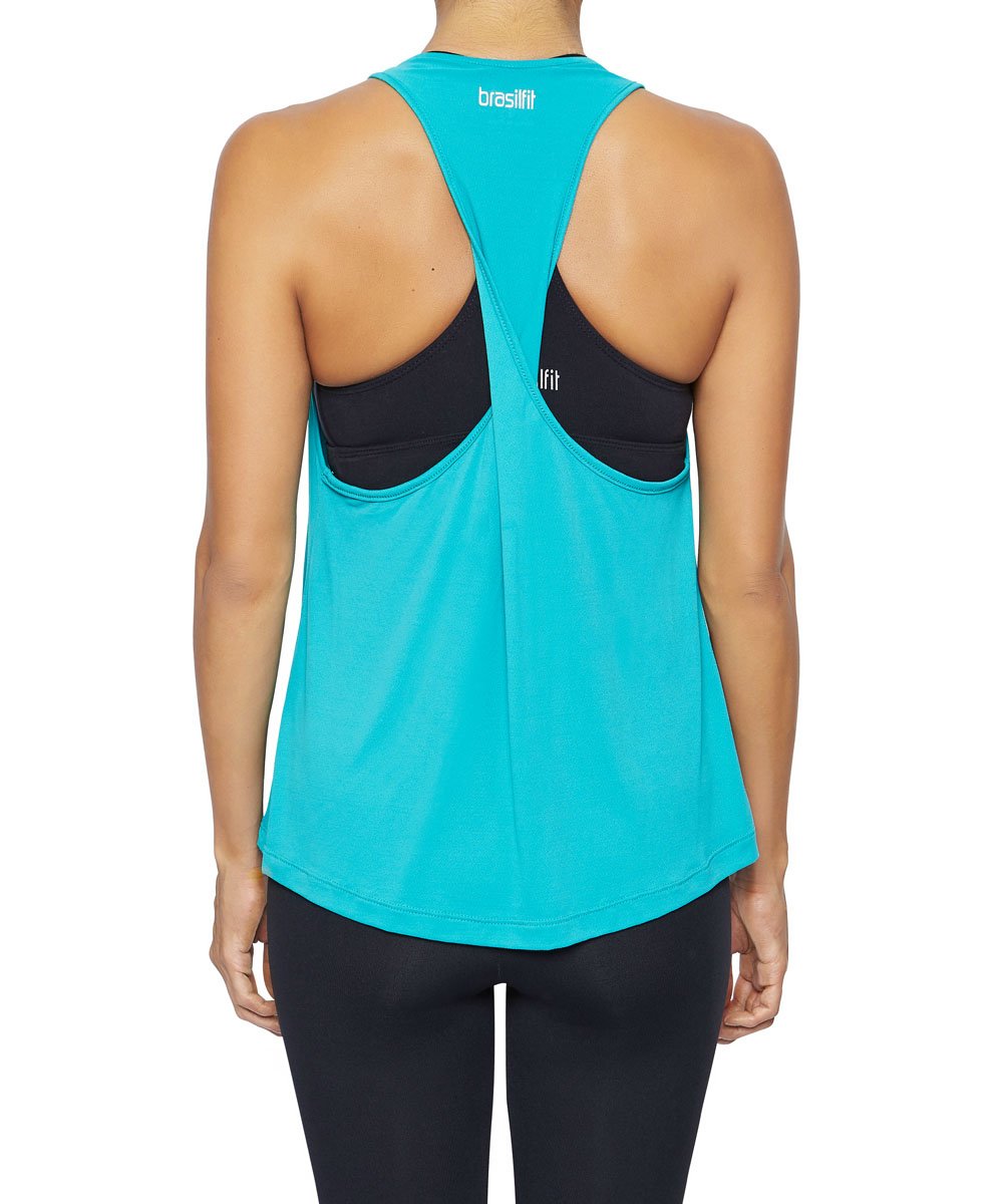 Front view product image with model for Brasilfit activewear Rio singlet in turquoise.  The Rio singlet is part of our activewear collection that is focused on performance, high compression activewear.