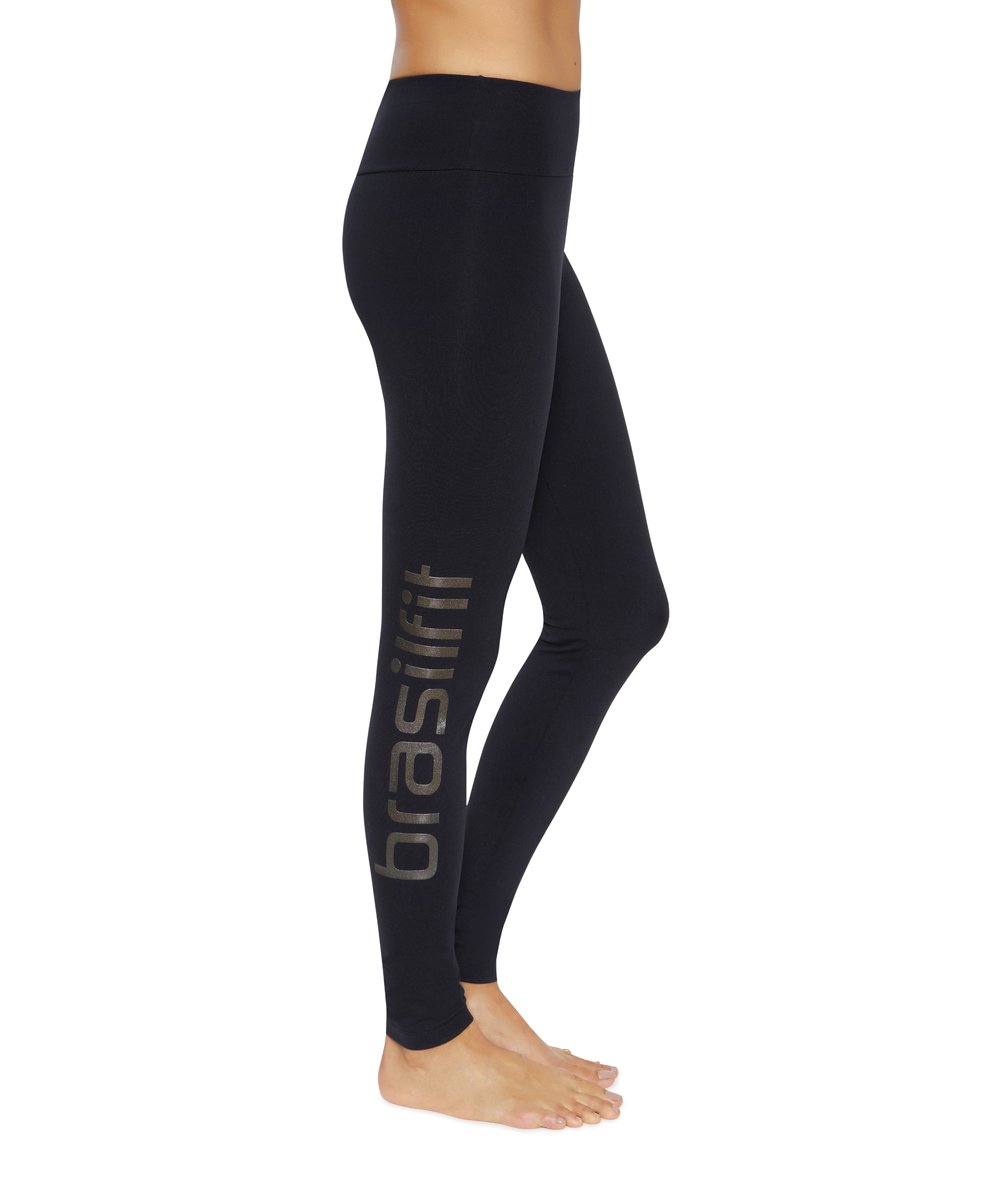 Front view product image for Brasilfit Calore full length activewear leggings with Black Brasilfit logo on leg.  Calore leggings are part of our essentials and basics activewear collection that is focused on performance, high compression activewear.