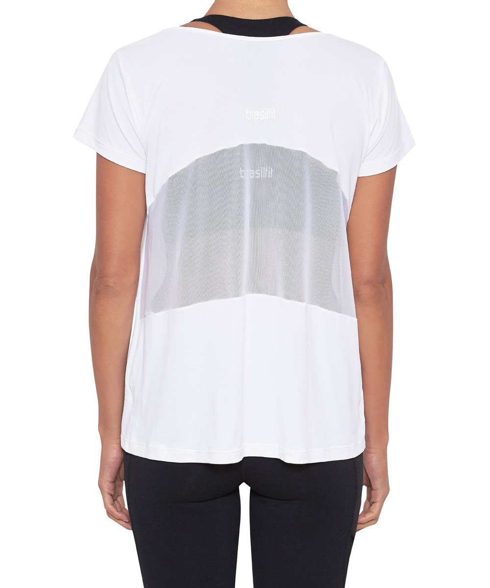 Front view product image with model for Brasilfit activewear Mesh T-shirt  in white.  The Mesh T-shirt is part of our basics activewear collection that is focused on performance, high compression activewear.