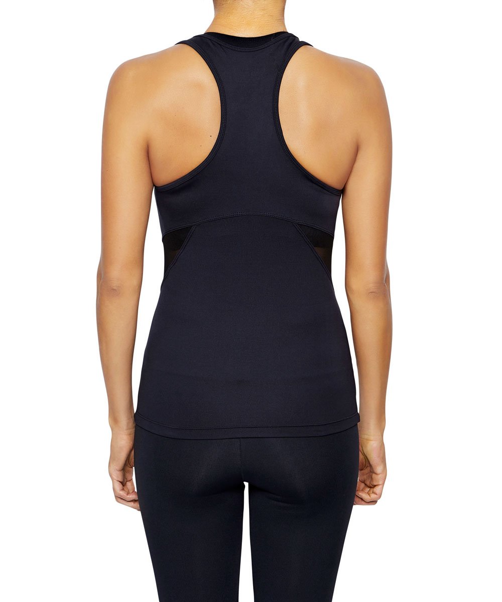 Front view product image with model for Brasilfit activewear mesh Osaka singlet in black.  The Osaka singlet is part of our basics activewear collection that is focused on performance, high compression activewear.