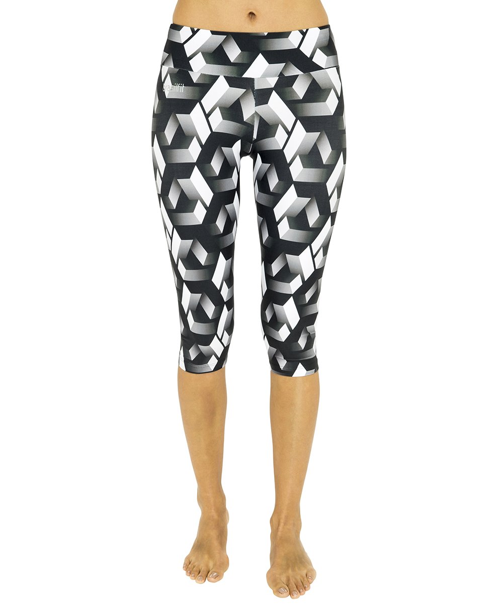 Side view product image for Brasilfit Labyrinth under knee activewear leggings.  Labyrinth leggings are part of our premium printed activewear collection that is focused on performance, high compression activewear with colourful prints.