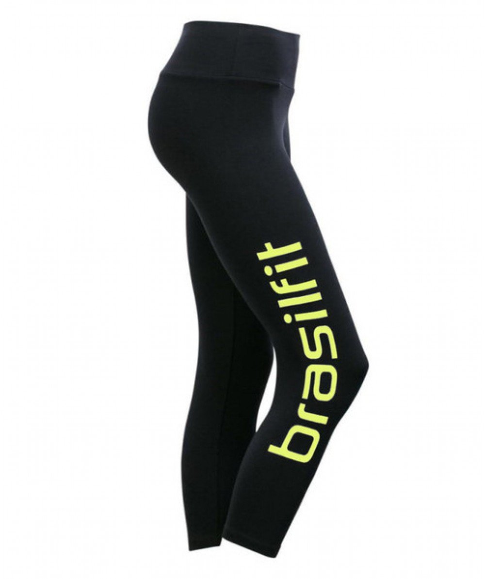 Side view product image for Brasilfit Calore calf length activewear leggings with Citrus Brasilfit logo on leg.  Calore leggings are part of our essentials and basics activewear collection that is focused on performance, high compression activewear.